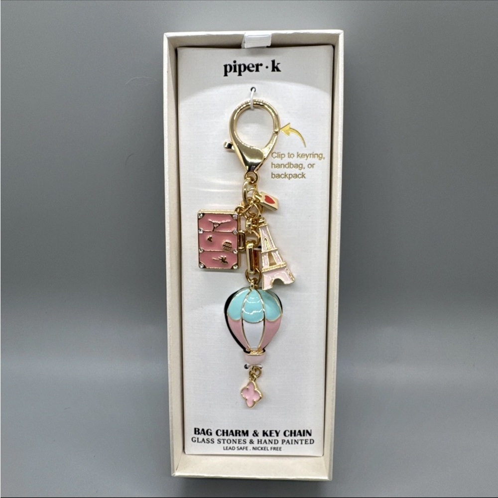 Piper K Pink Paris Theme & Hot Air Balloon Bag Charm & Keychain New